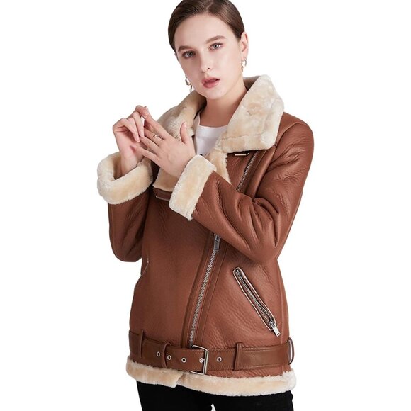 Women Brown Faux Shearling Moto Jacket Thick Lined Winter Leather Coat - Picture 1 of 6